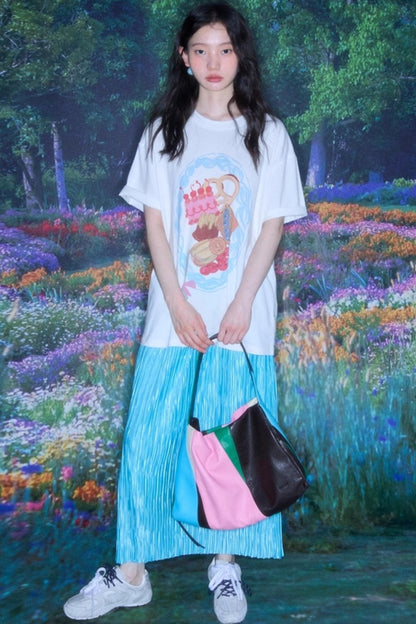 Original Design Glass Blue Elasticated Pleated Skirt