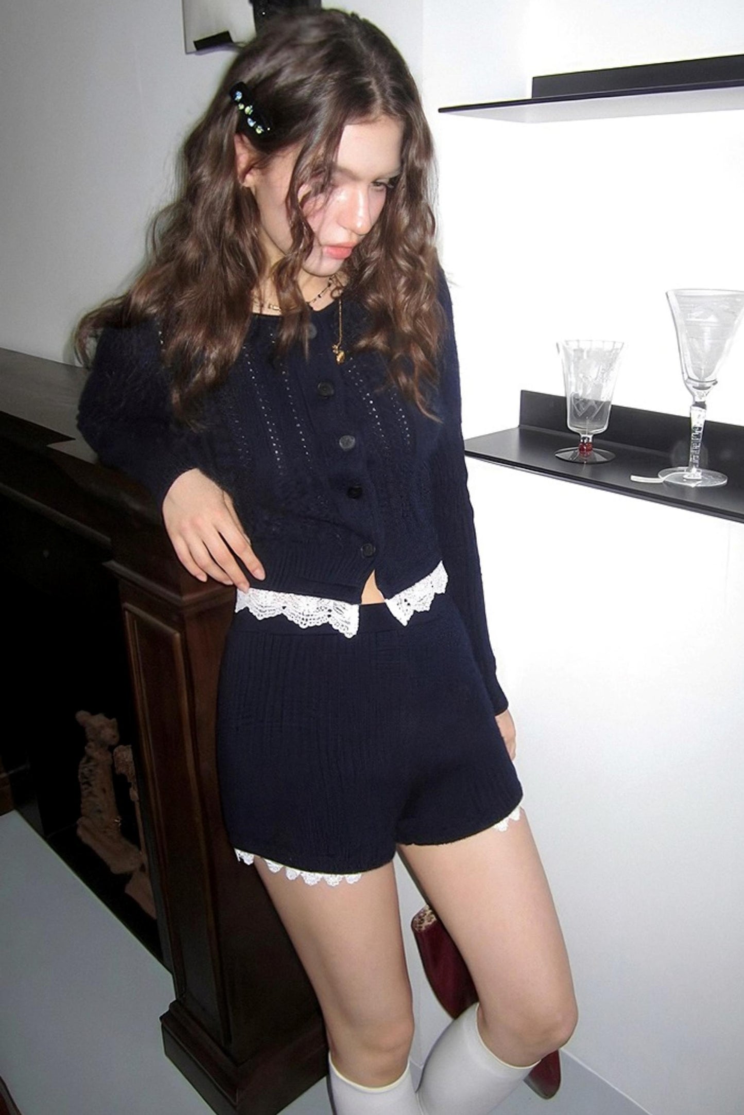 Floral Knit Cardigan Shorts Set-Up