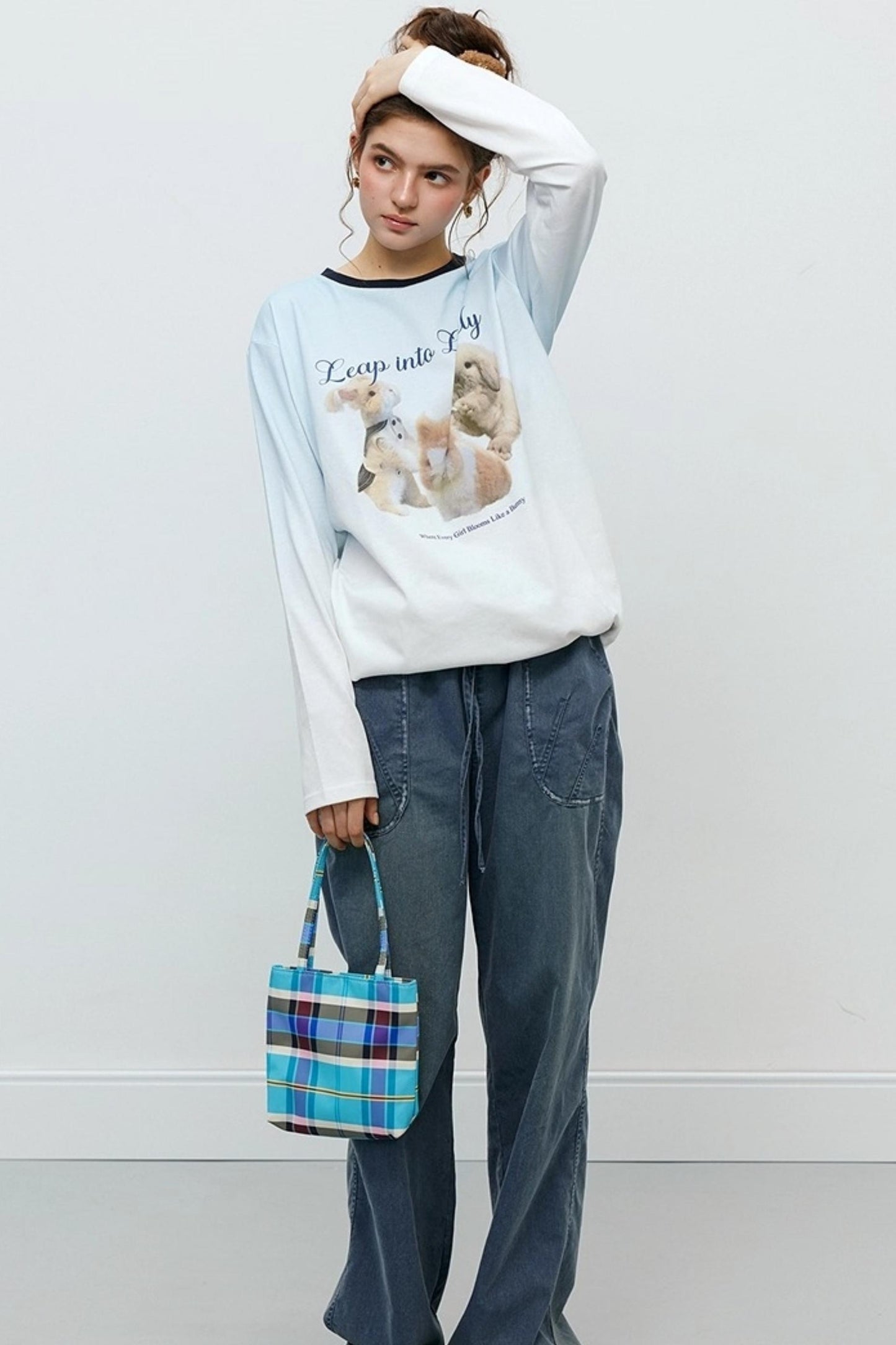 Washed Distressed Cuffed Waist Loose Pants