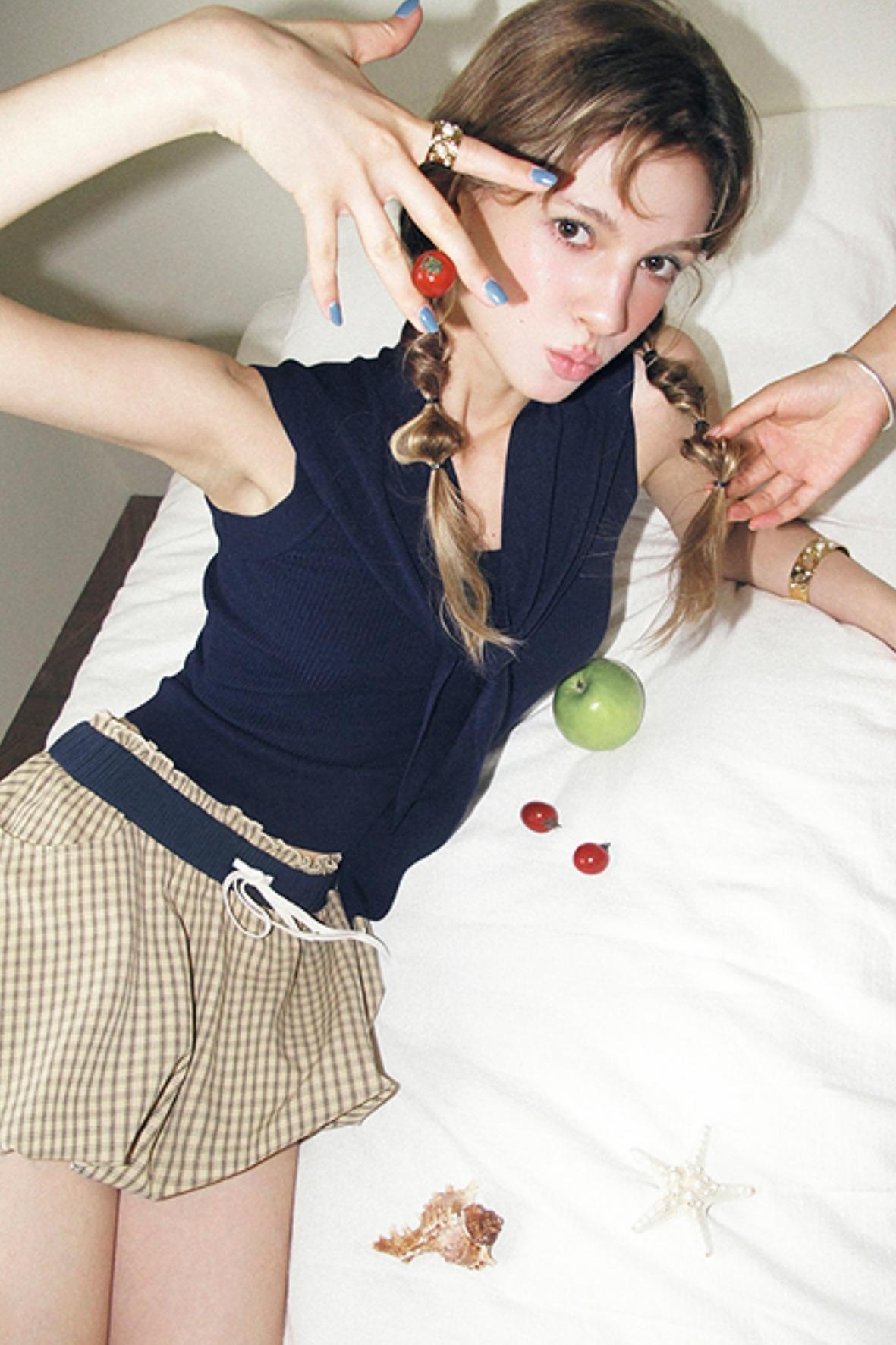 Vintage Khaki Plaid Elastic Skirt