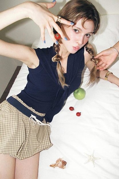 Vintage Khaki Plaid Elastic Skirt