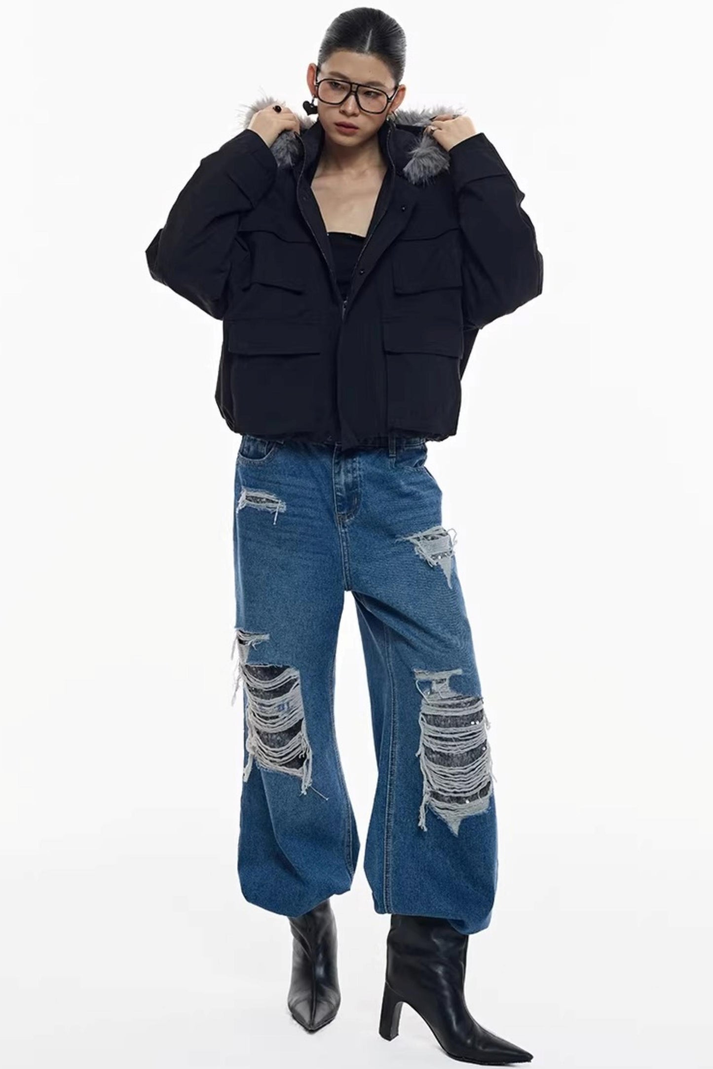 Sequin Patch Retro Denim Pants