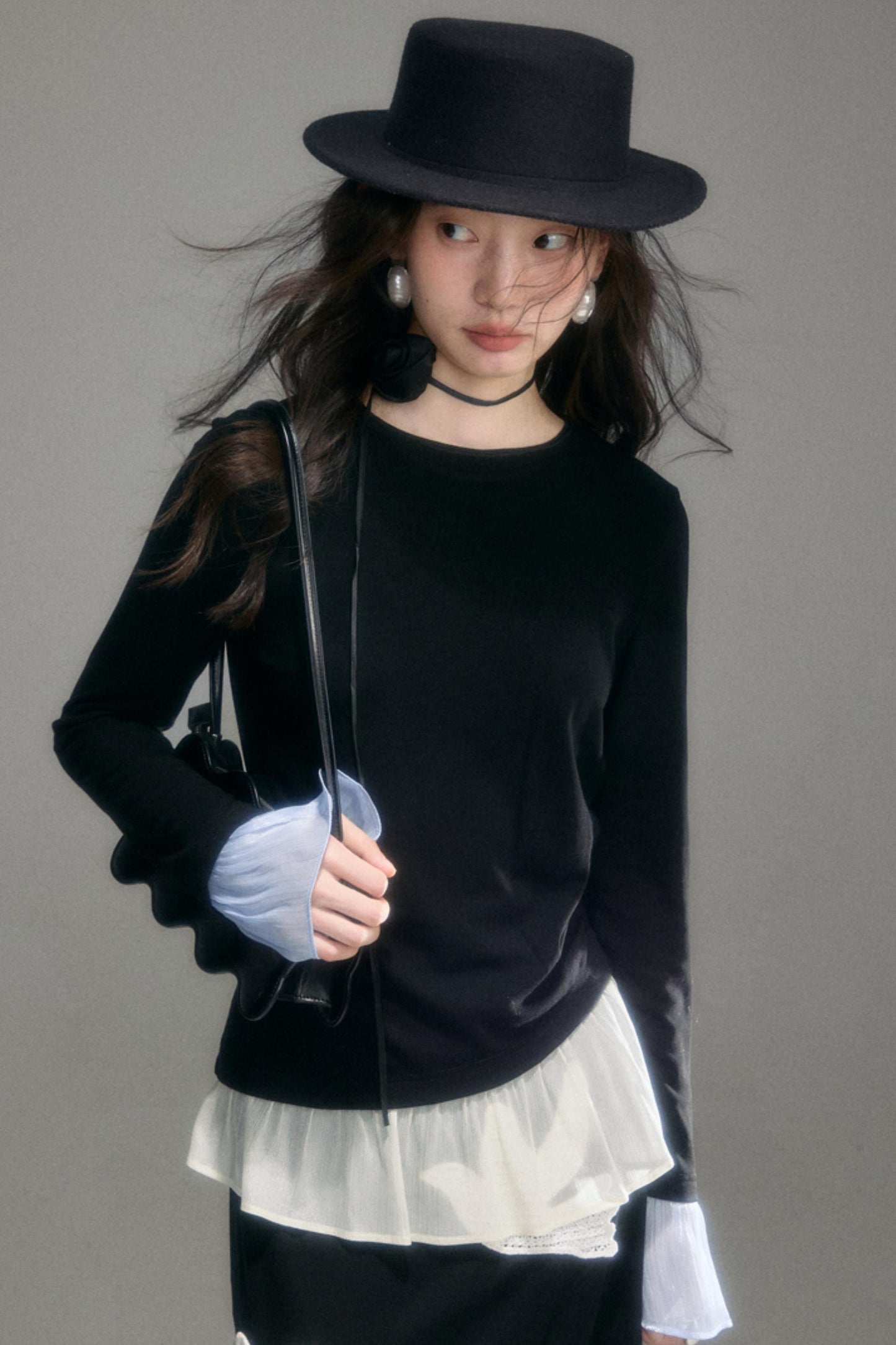 Knitted Panel Long-Sleeved T-Shirt