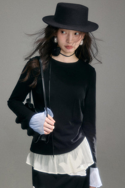 Knitted Panel Long-Sleeved T-Shirt