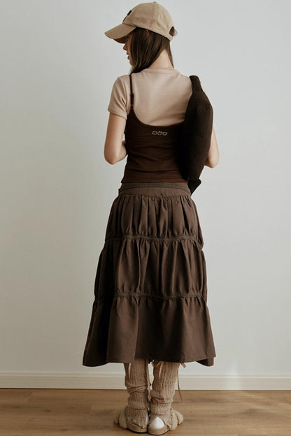 American Retro Suede Spliced Belt Umbrella Skirt