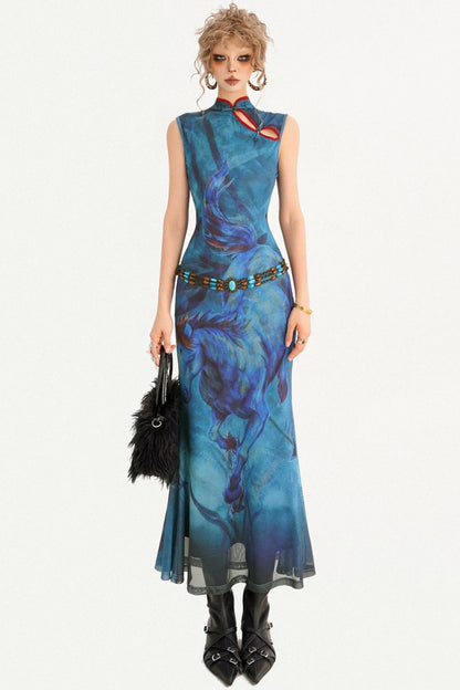 Robe queue de poisson réversible à motif peinture à l’huile