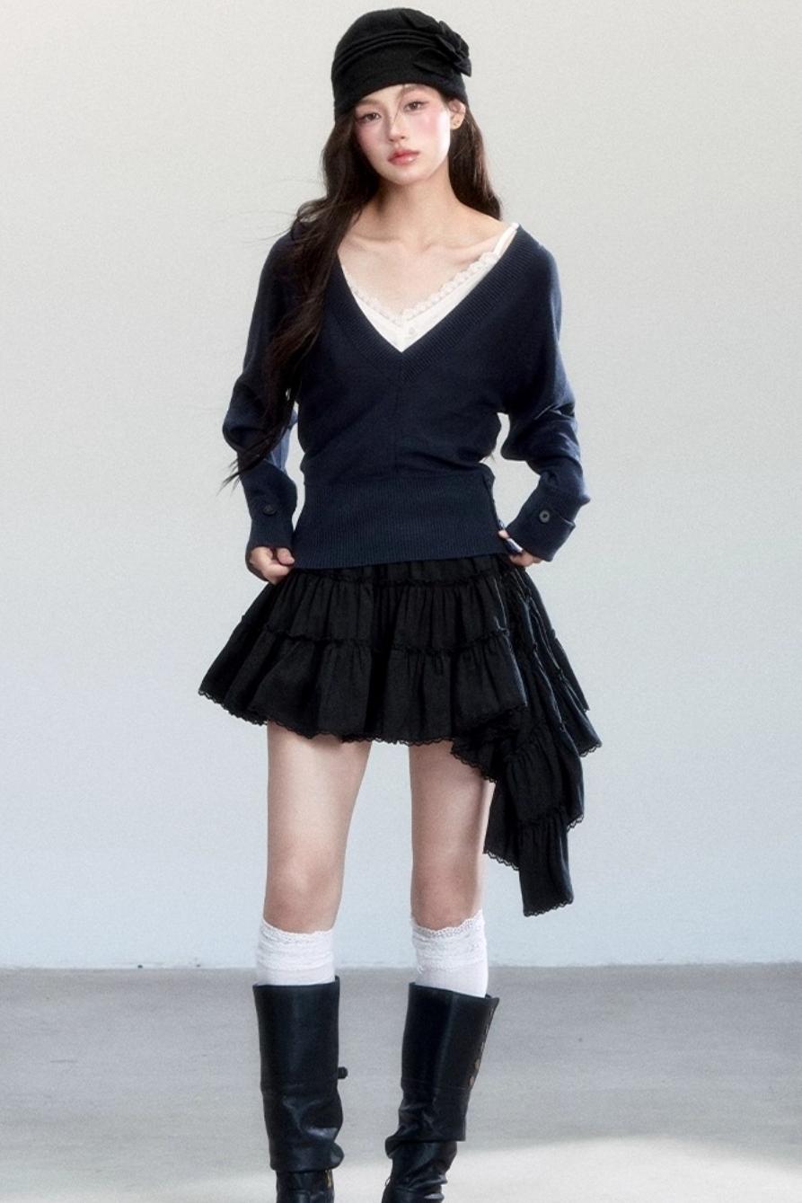 Lazy V-Neck Knit Top Set-Up