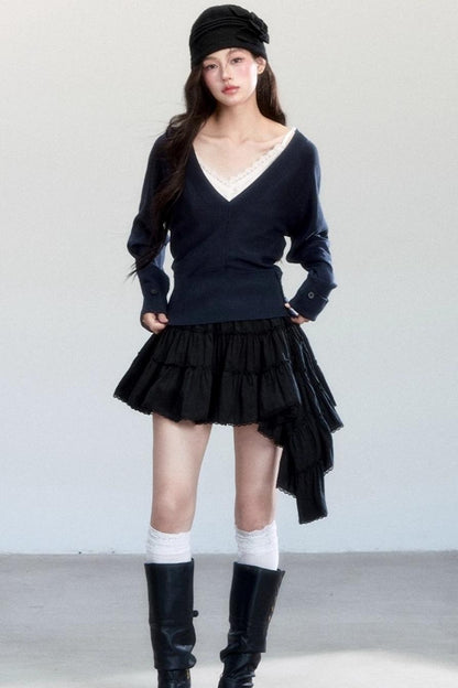 Lazy V-Neck Knit Top Set-Up