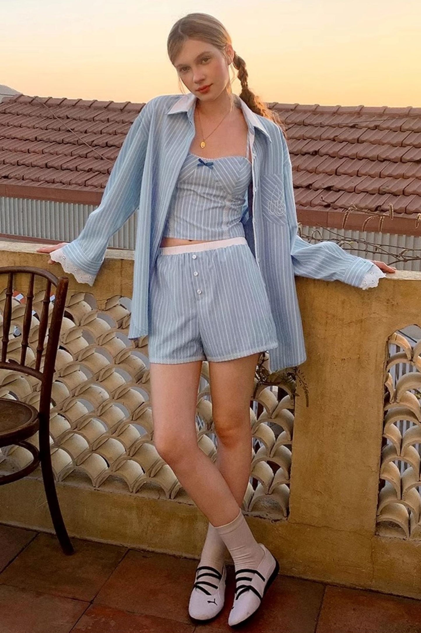 Blue Striped Lace Cami & Shorts Set-Up