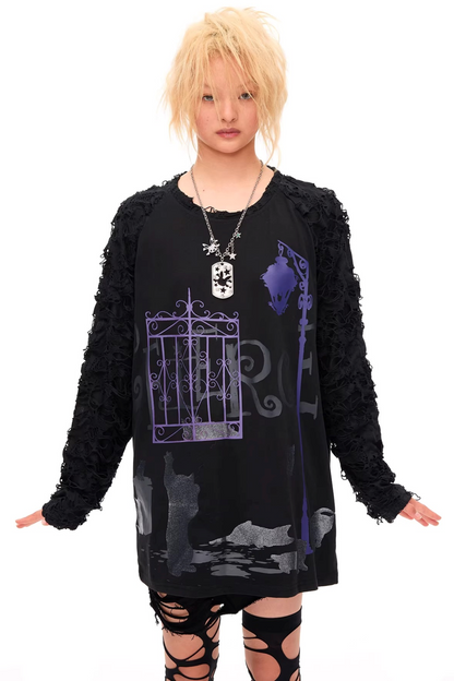 Dunkle-Nacht-Katzen-Print-Bluse