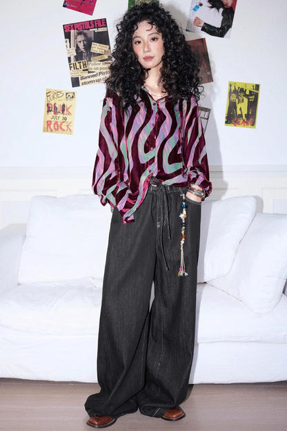 Black Washed Elastic Waist Wide-Leg Jeans