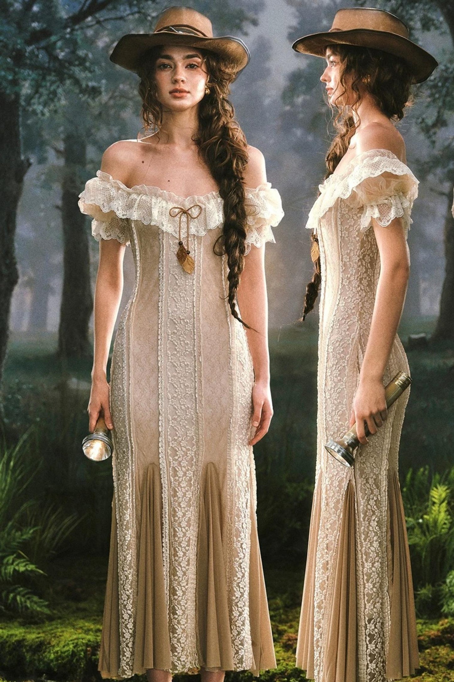 French Countryside Lace One-Shoulder Dress