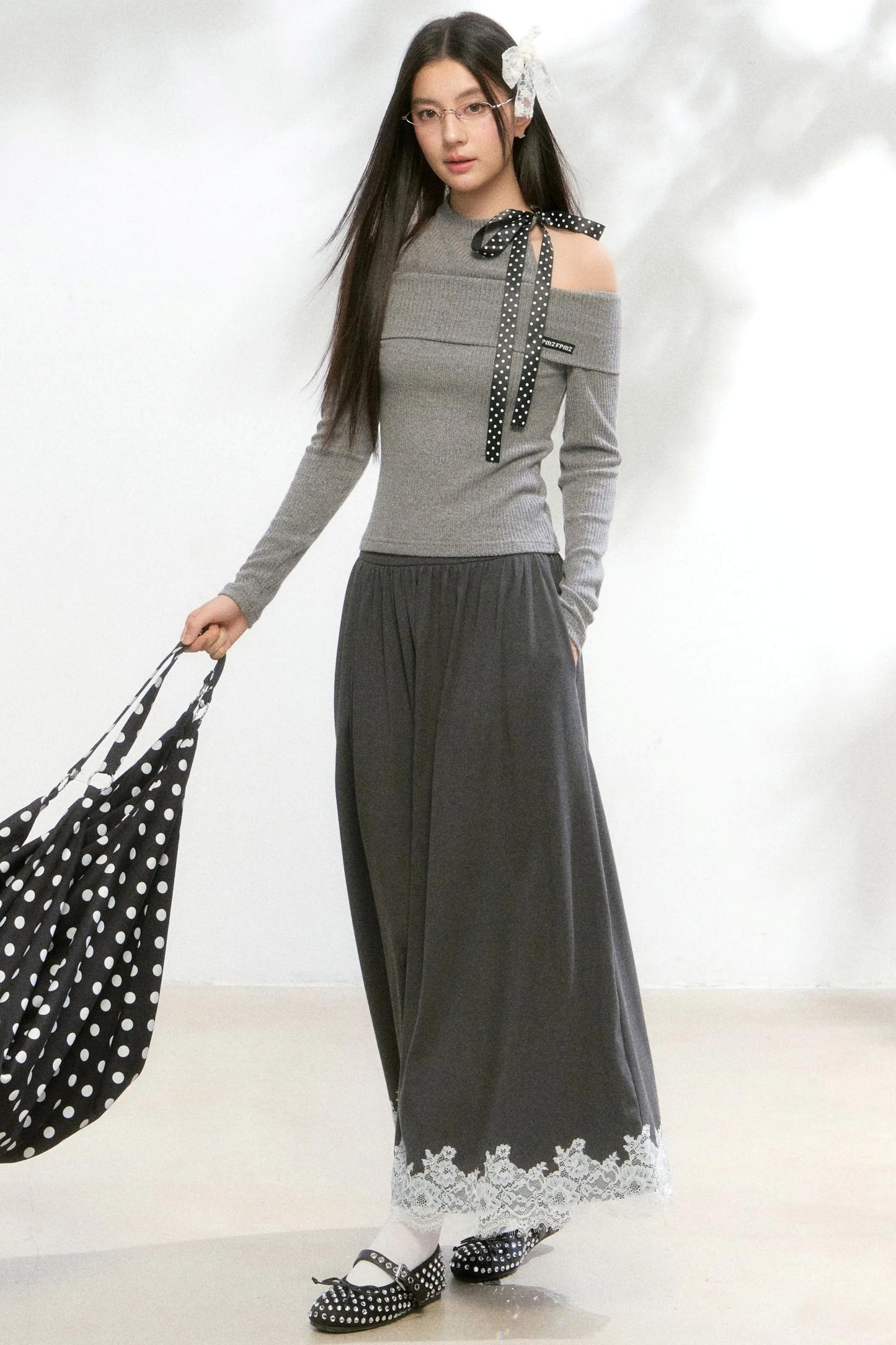 Polka Dot Knitwear Sweater Skirt Set-Up