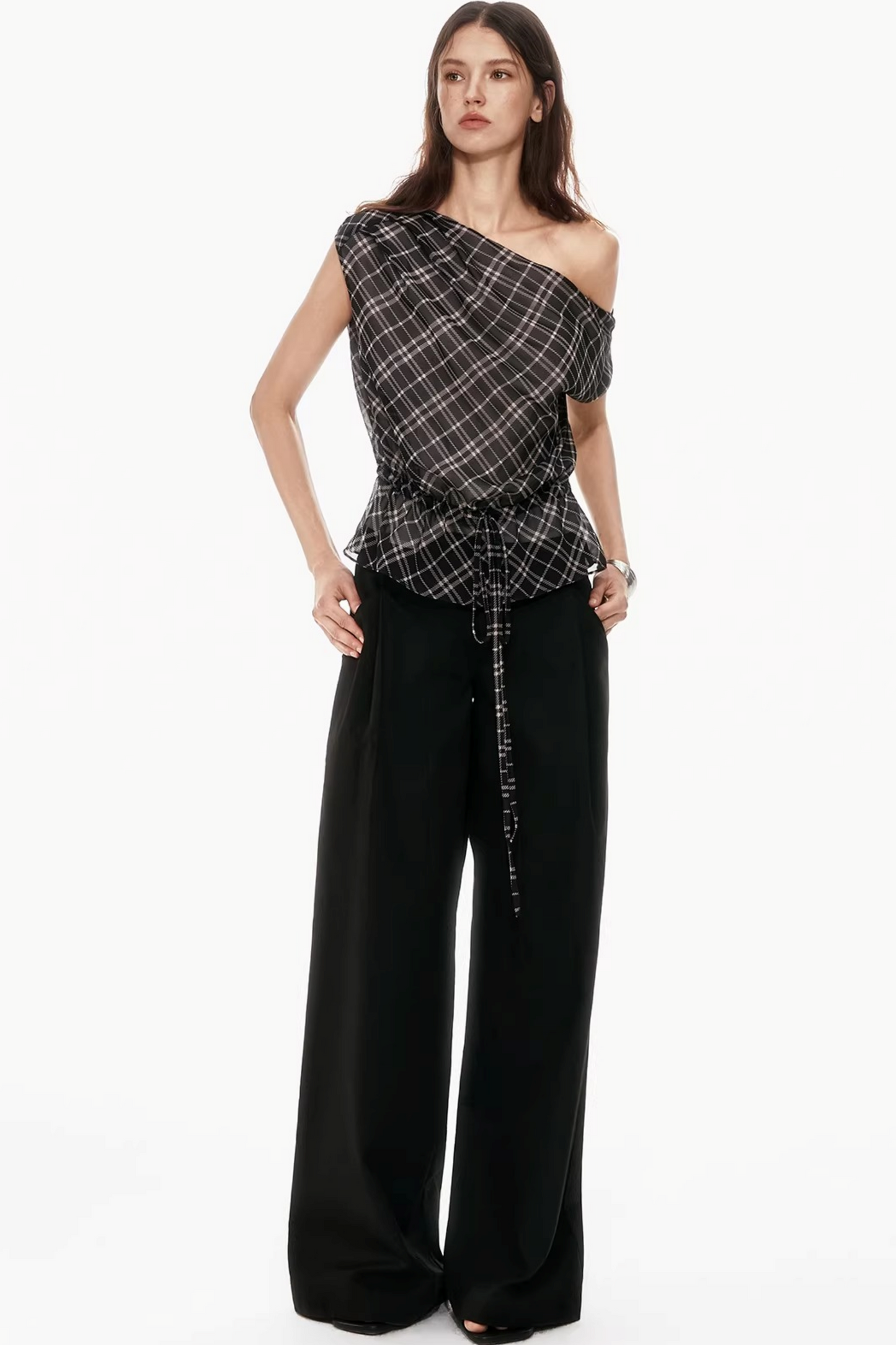 Plaid Asymmetrical Off-Shoulder Top