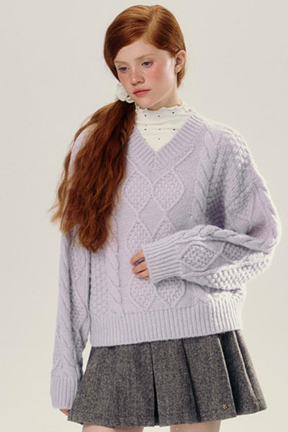 Purple V-Neck Pullover Knit Sweater