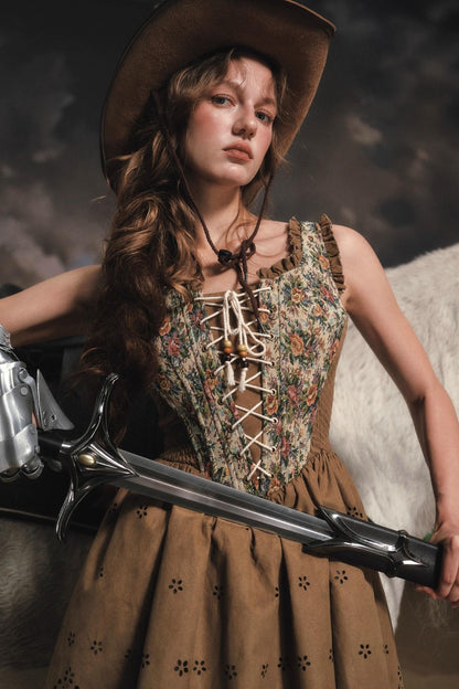 Vintage Country Print Suede Dress Set-Up