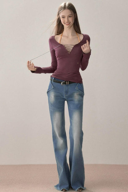 Vintage Letter Print Flared Jeans