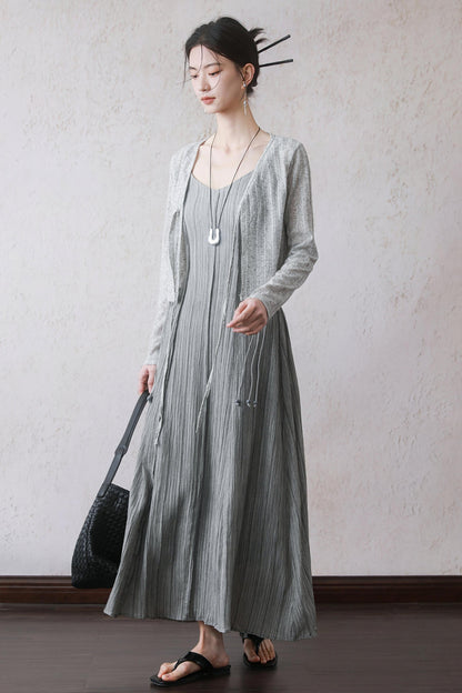 Gray Halter Pleated Dress Set-Up