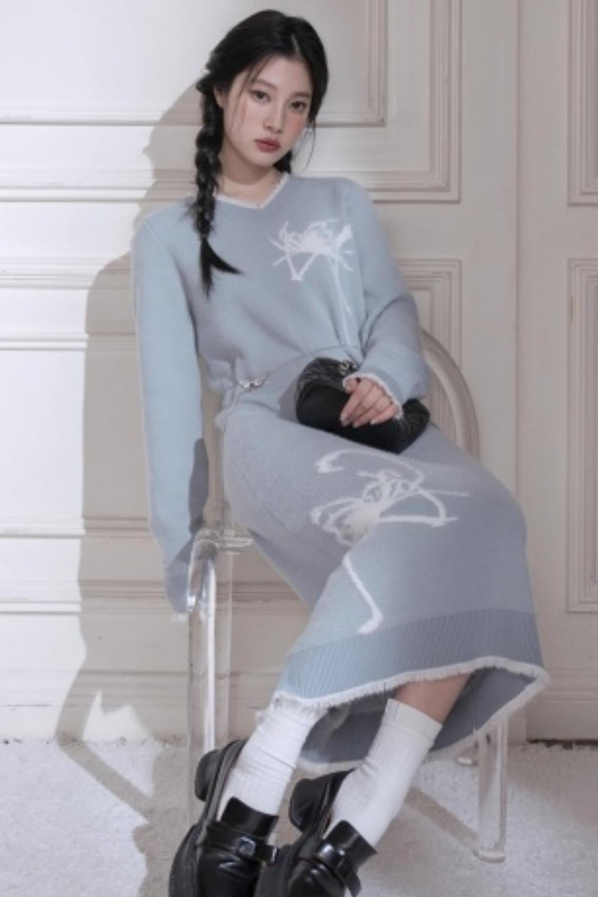 White Butterfly Blue Woolen Dress