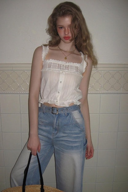 Square-Neck Vest Cropped A-Line Puffed Skirt Set-Up