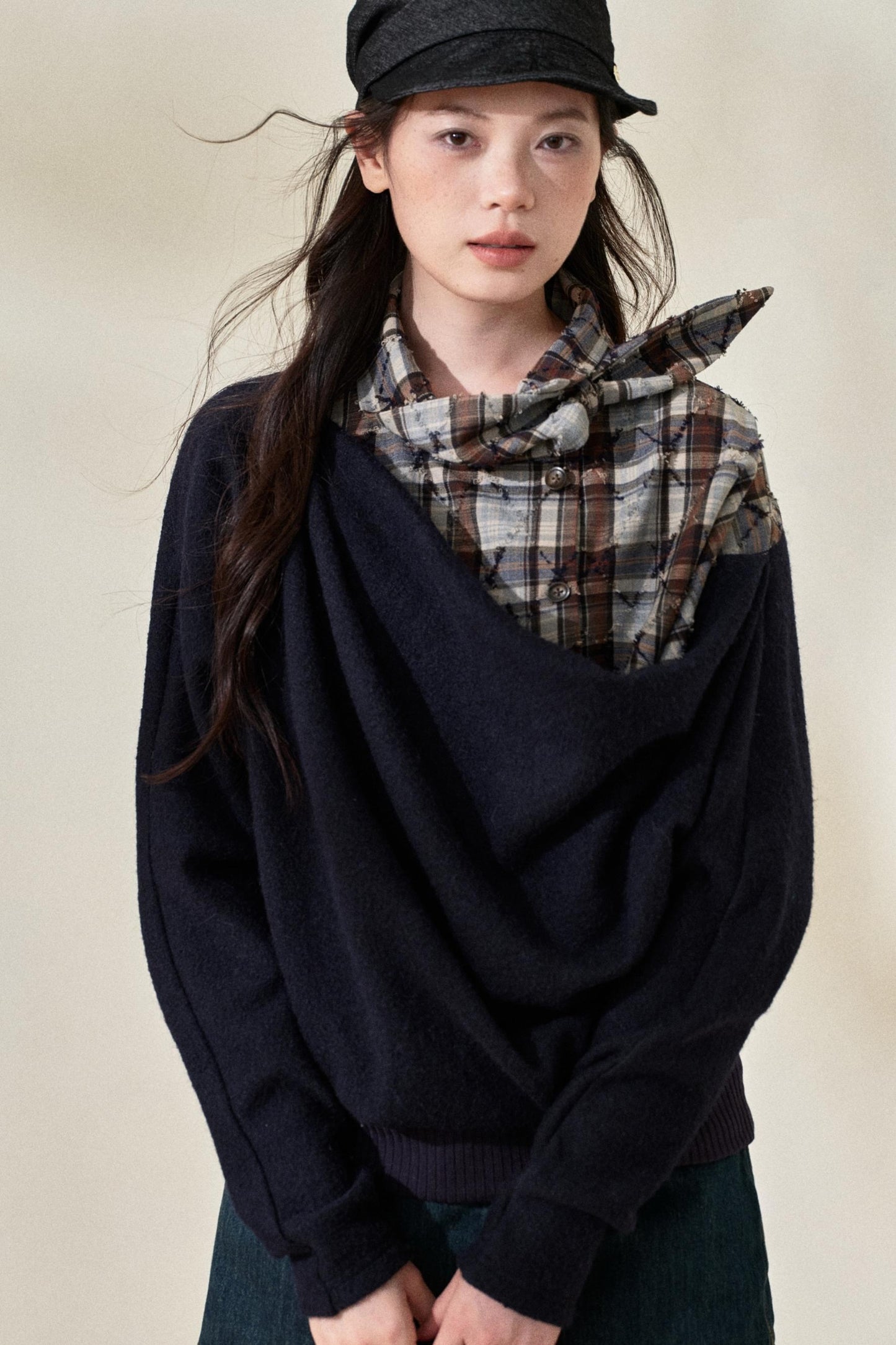 Blue Plaid Wool Fake Two-Piece Top