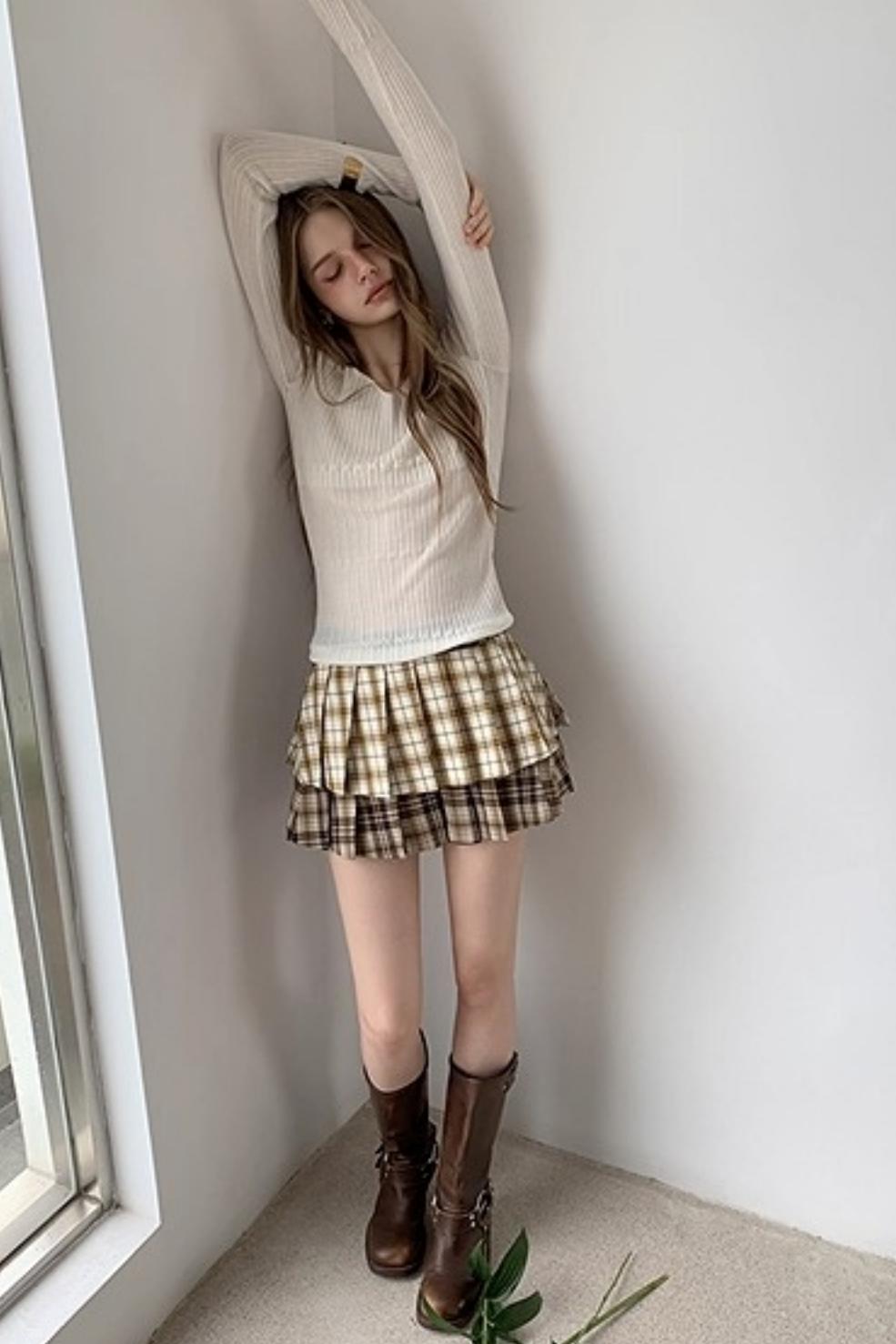 Plaid Splicing Pleated Skirt
