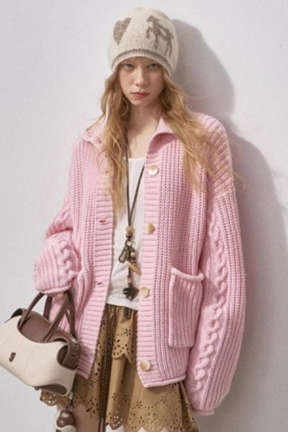 Thick Cable Knit Turtleneck Cardigan