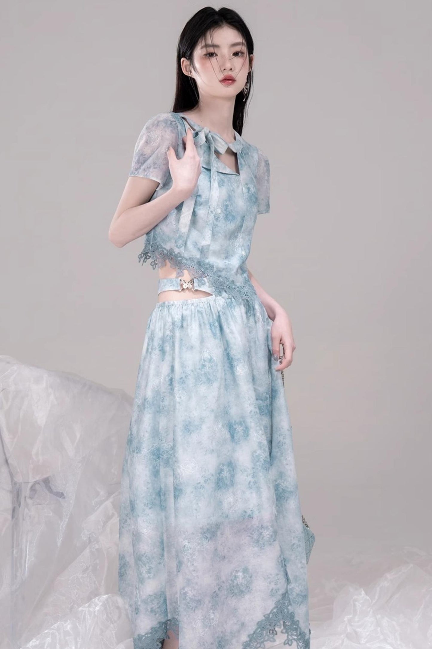 Blue Bow-Collar Shirt & Cutout Skirt Set