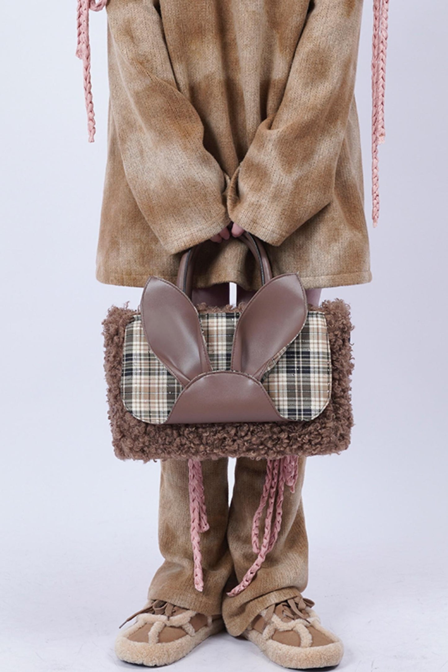 Plaid Rabbit Fur Tote Bag