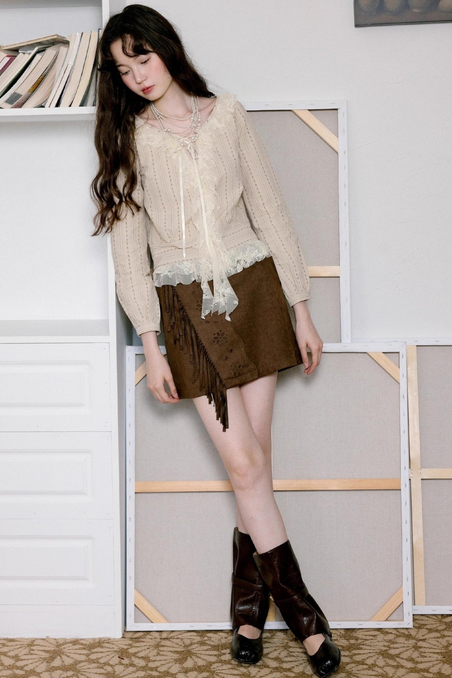 Vintage Coffee Openwork Fringed Suede A-Line Skirt