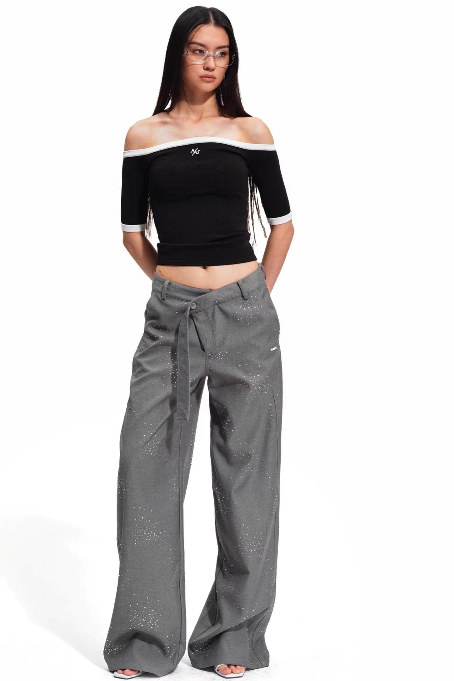 Starry Rhinestone Wide-Leg Pants