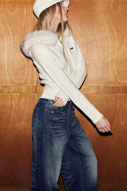 Weißes Strick-Strickjacke-Set mit Kapuze