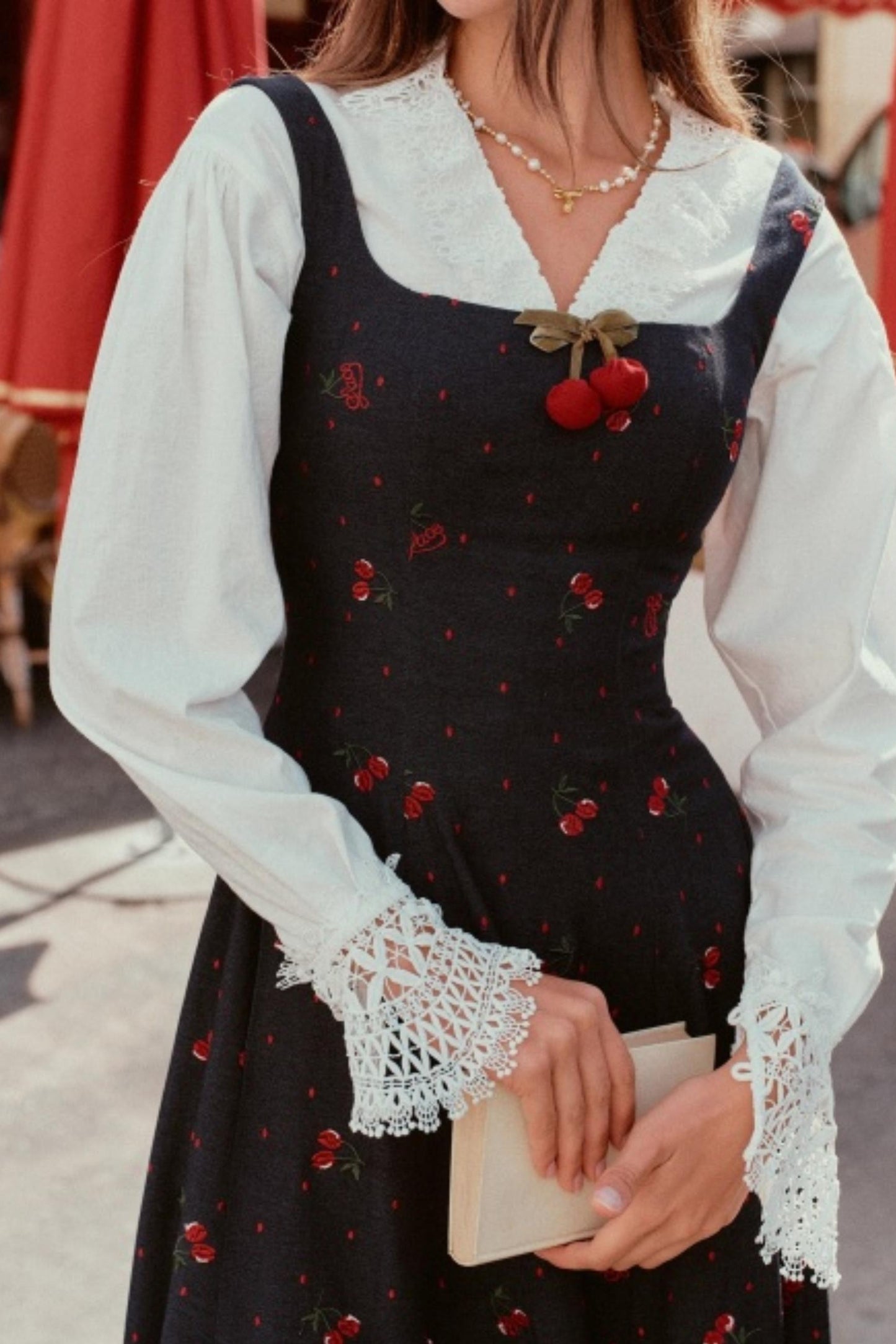 Cherry Lace Embroidered Denim Dress Set-Up
