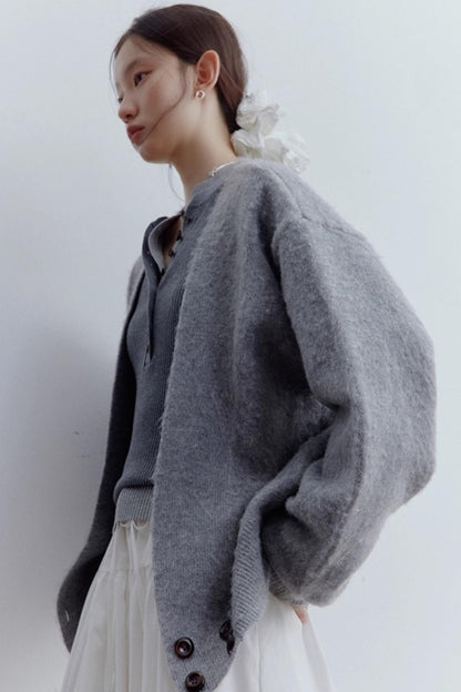 Misty Gray V-Neck Mohair Cardigan Coat
