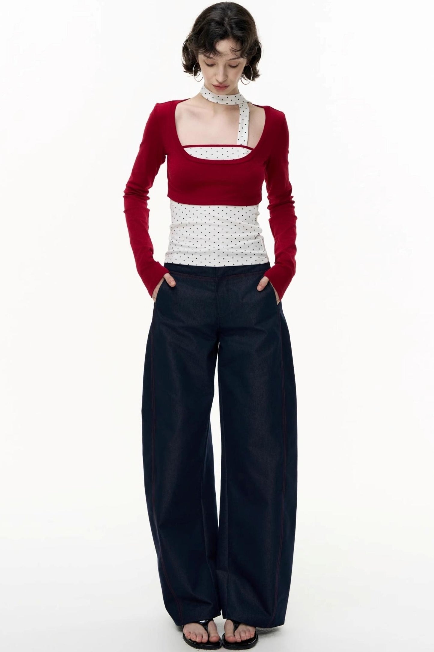 Contrast Long-Sleeved Top With Bandeau Set