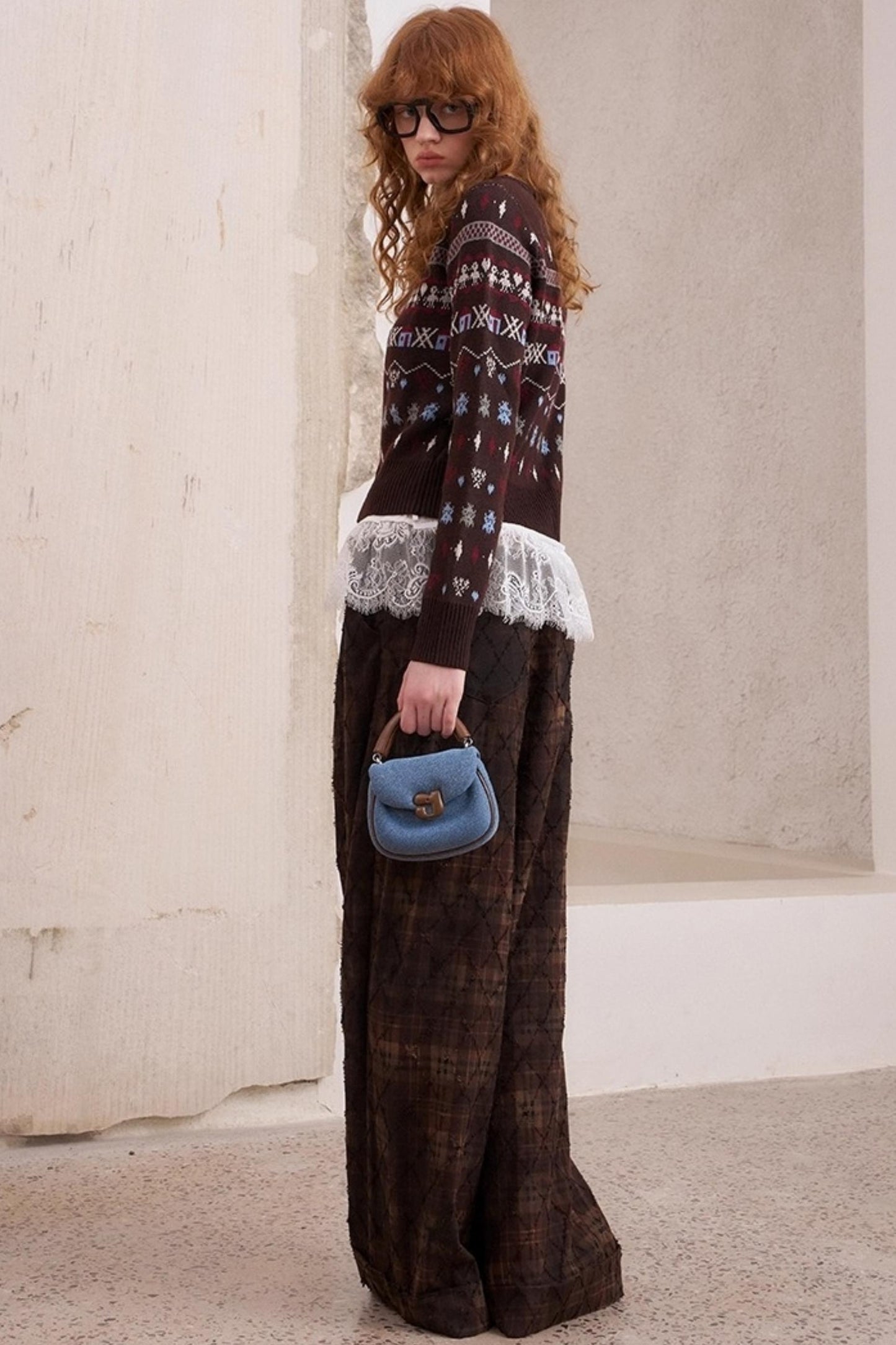 Textured Loose Plaid Trousers