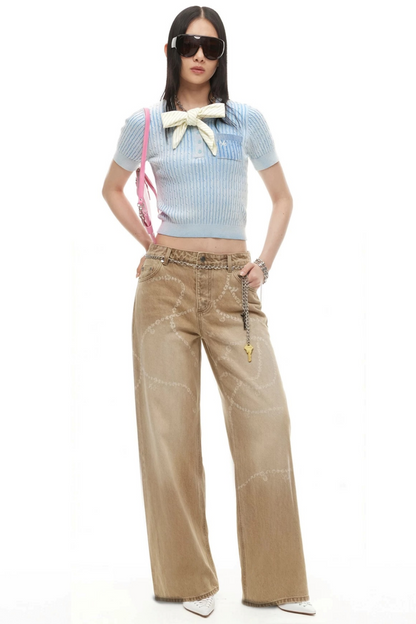Color-Block Denim Crew Neck Top