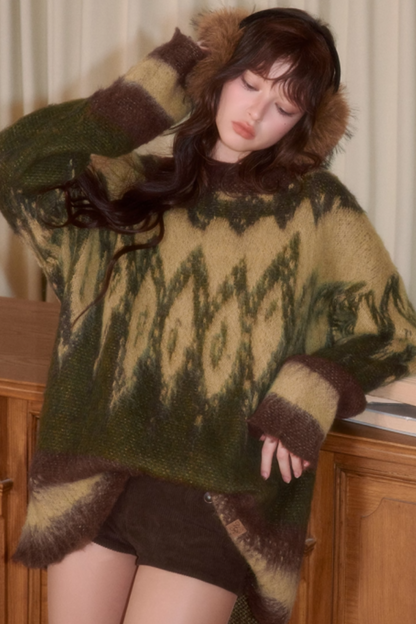 Retro Contrast Jacquard Loose Sweater