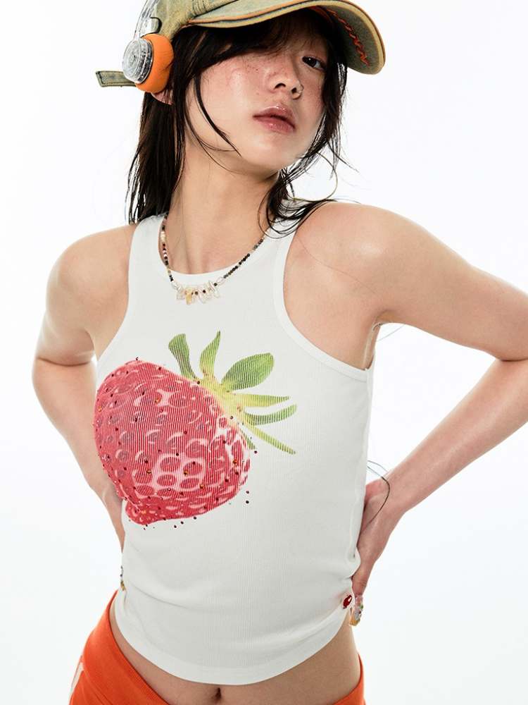 Summer Fruit Print Round Neck Slim Tank Top