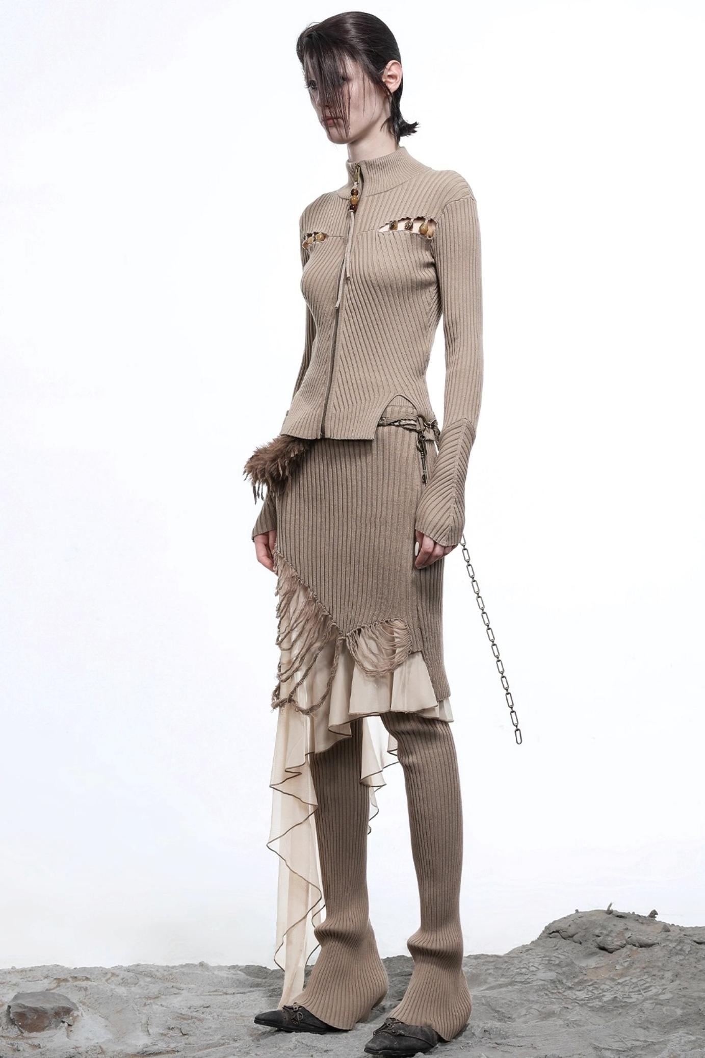 Wasteland Ruffled Patchwork Knit Skirt