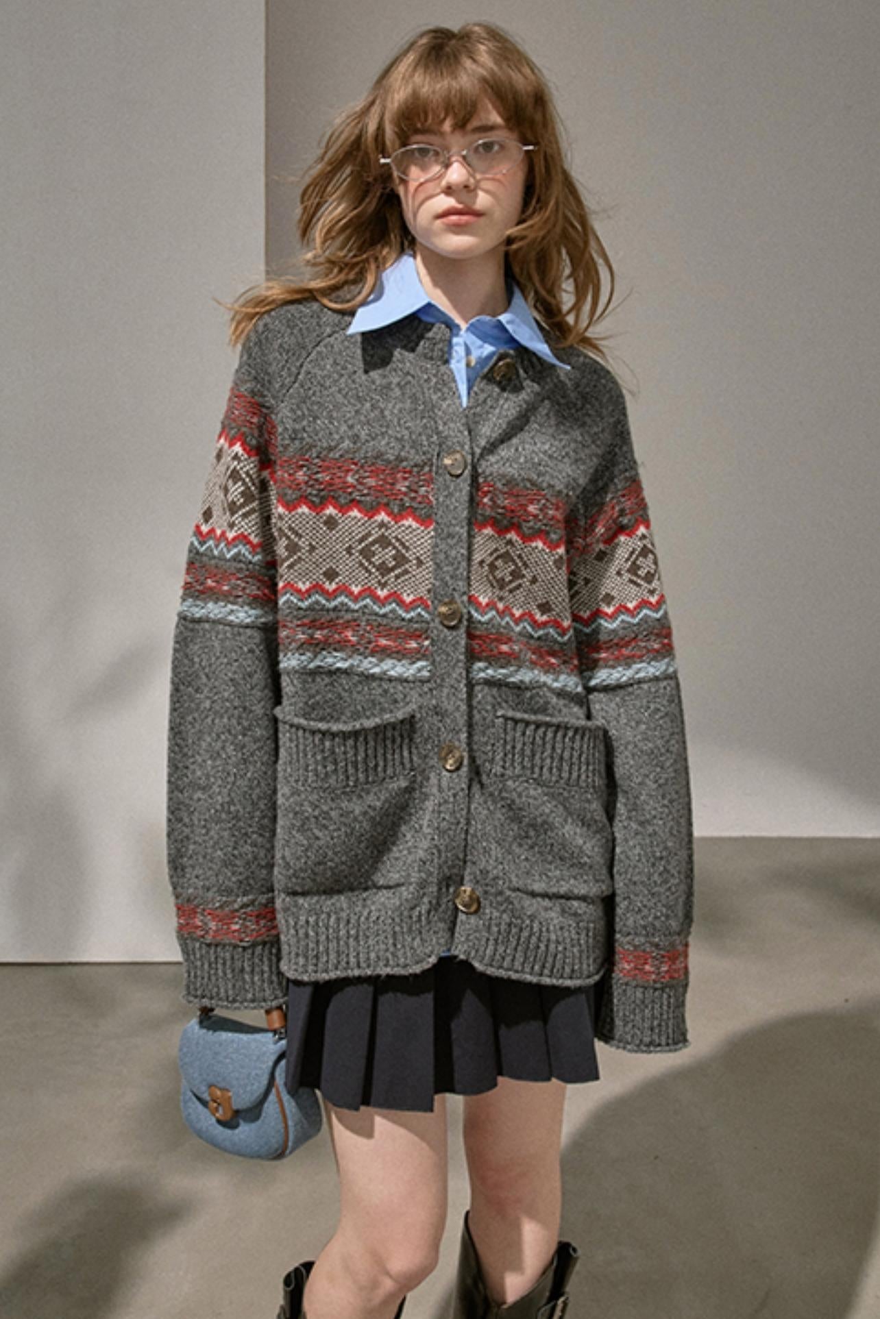 Fair Isle Knitted Gray Cardigan