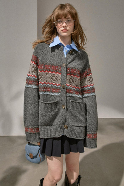 Fair Isle Knitted Gray Cardigan