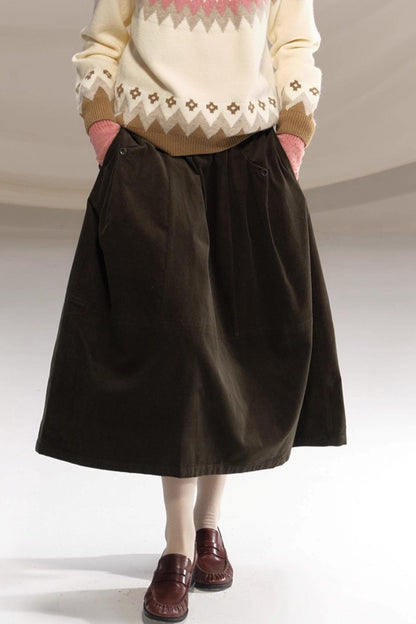 Retro Olive Pleated Skirt