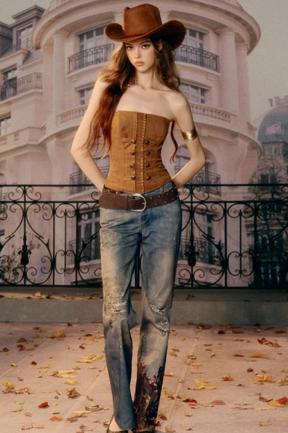 Vintage Pattern Flared Denim Pants