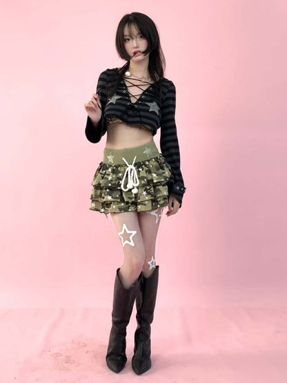 Cat Ears Border Lace Up Hoodie & Short Pants