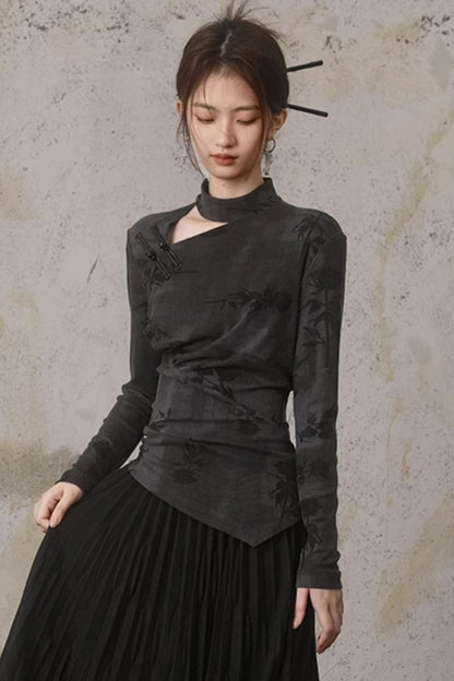 Hollow Design Long-Sleeved Chinese Top