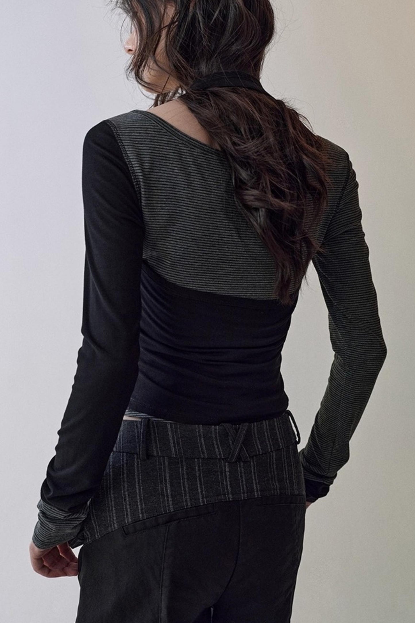 Striped Stitching Two-Piece Halterneck T-shirt