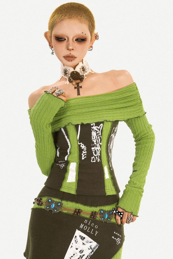 Green Off-Shoulder Top Skirt Set-Up