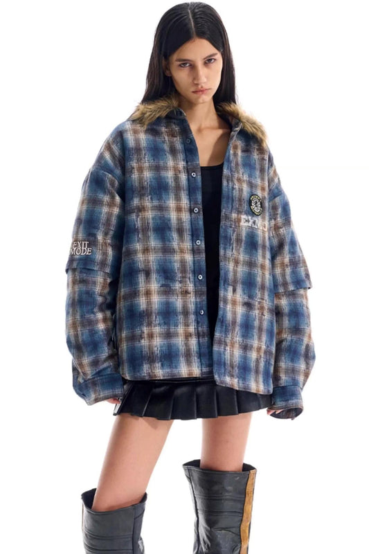 Embroidered Plaid Fur Collar Jacket