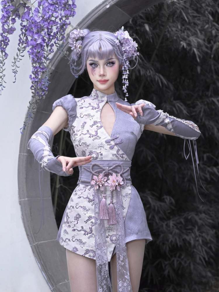 Dragon Pattern Chinese Dress & Ribbon Flower Girdle